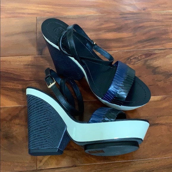 Tory Burch Shoes - Tory Burch Black and Blue Wedge Sandals
